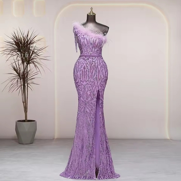 Purple, Geo Print, Assymmetrical Neck, Ostrich Feather, Sequined Gown - Picture 7 of 16